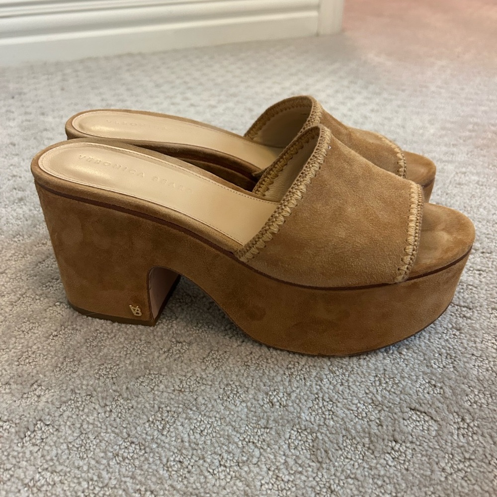 Veronica Beard Tan Suede Platform Mules